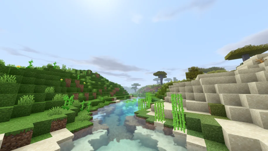 Builders QOL Shaders 1.17.1 over a river in Minecraft