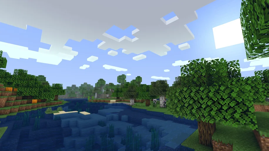 Minecraft river through a mixed oak and birch forest with Tea Shaders