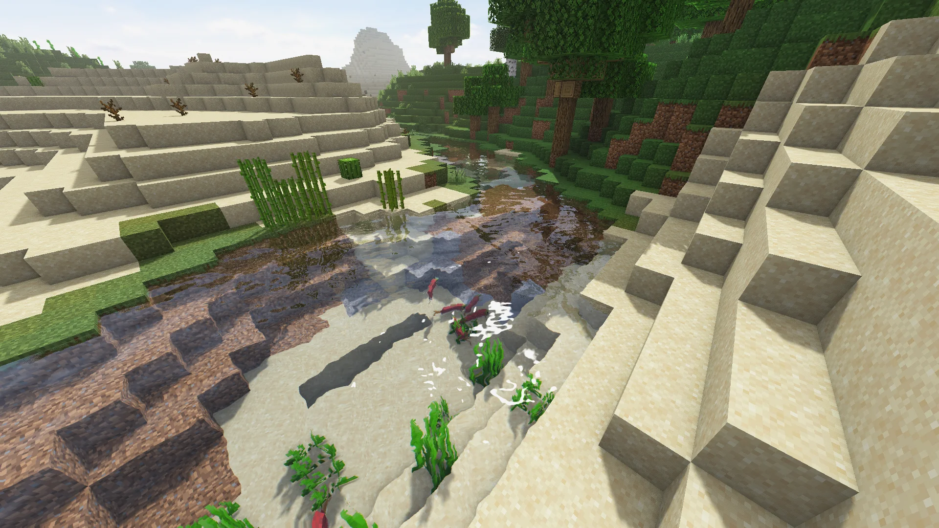 Minecraft River near a desert biome with SORA Shaders