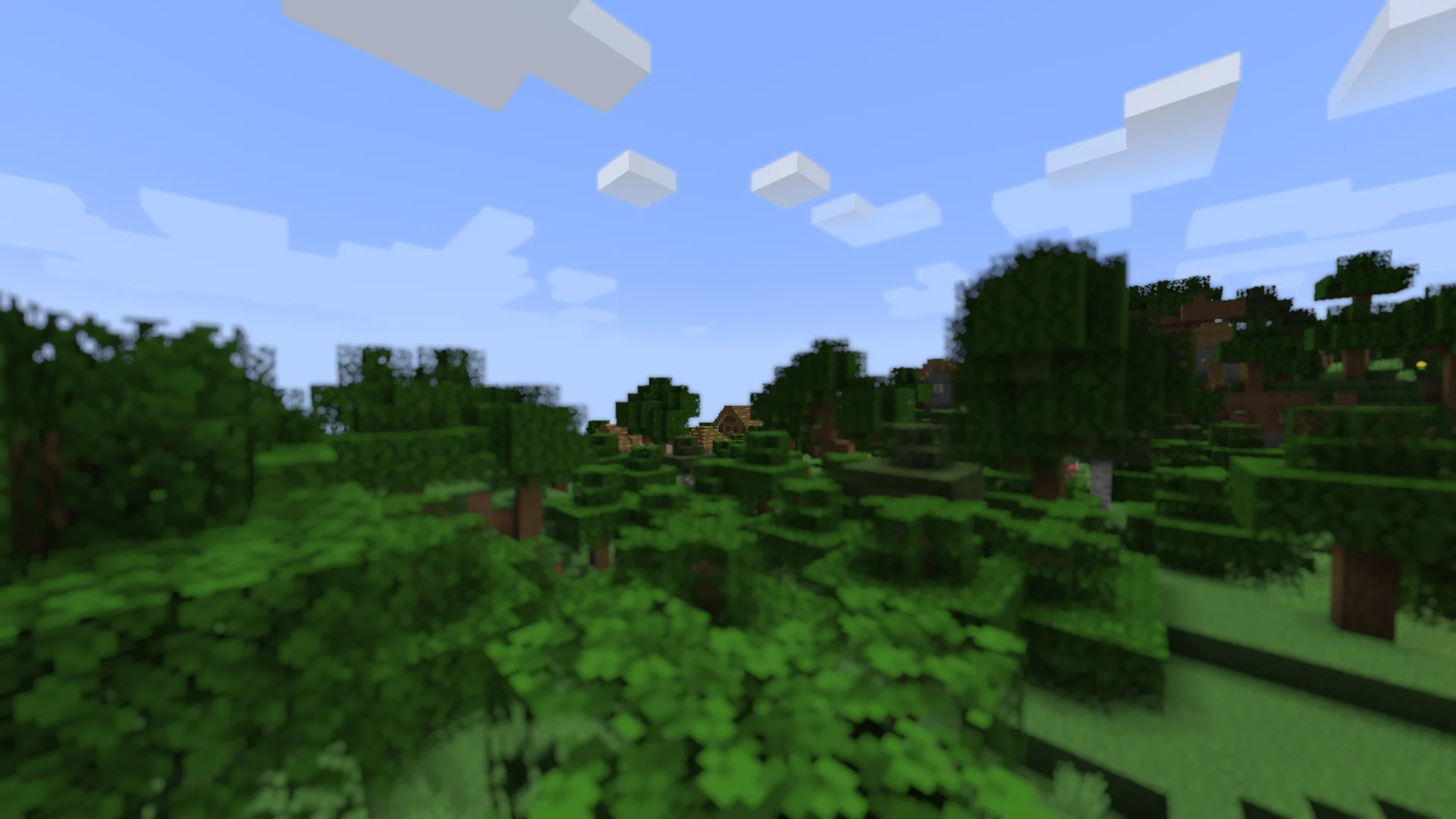 Blurry Minecraft Oak Forest with a Village clearly visible in the background
