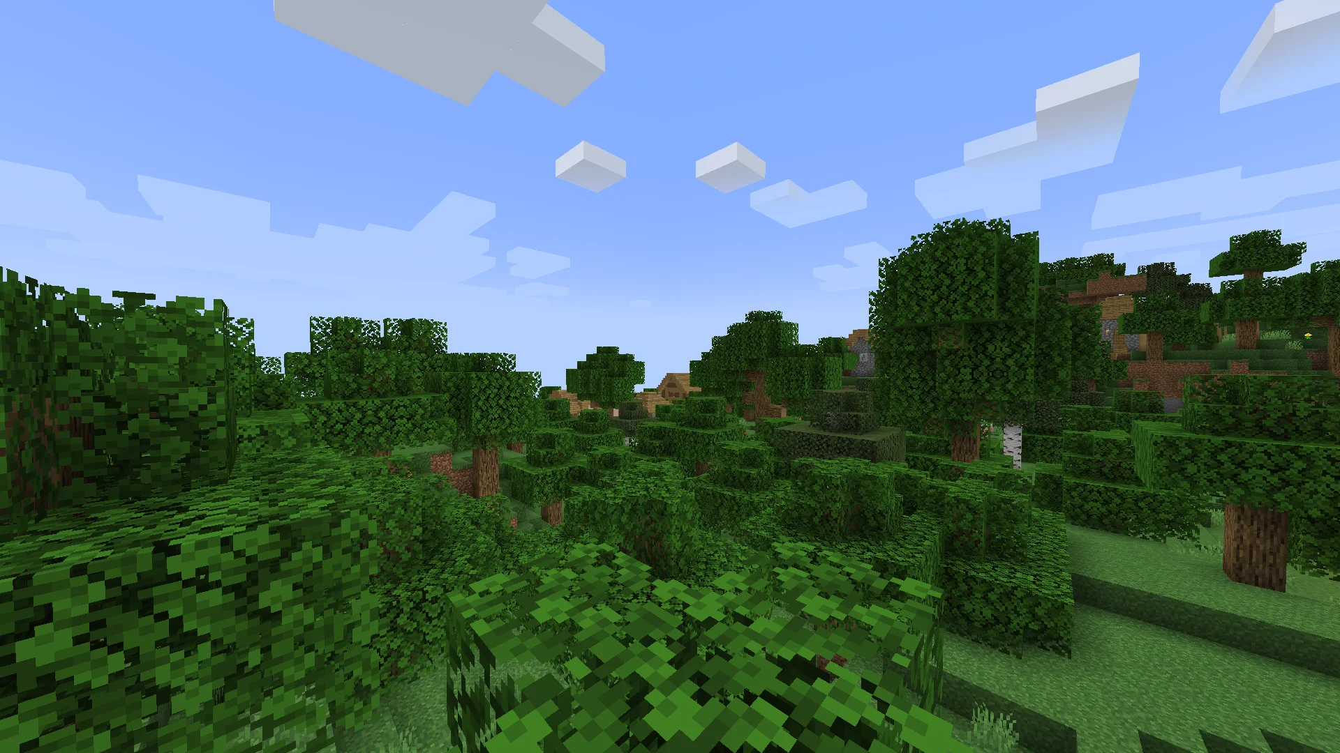 Vanilla Minecraft Oak Forest with a Village in the background