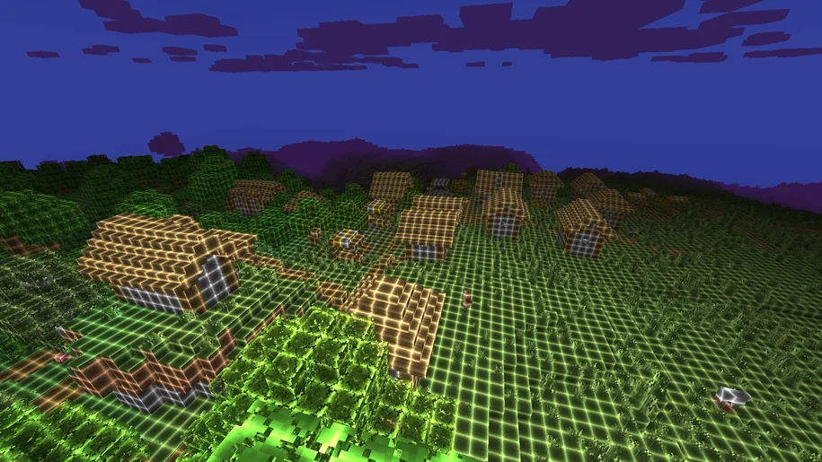 Minecraft village on plains with a vaporwave grid overlay