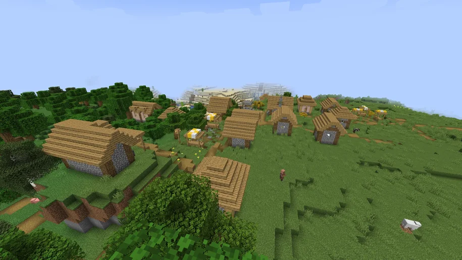 Minecraft Plains with a village to the left of the screen