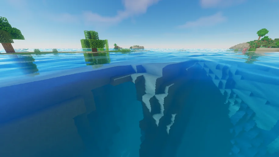 Minecraft ocean with an underground ravine with Oceano Shaders