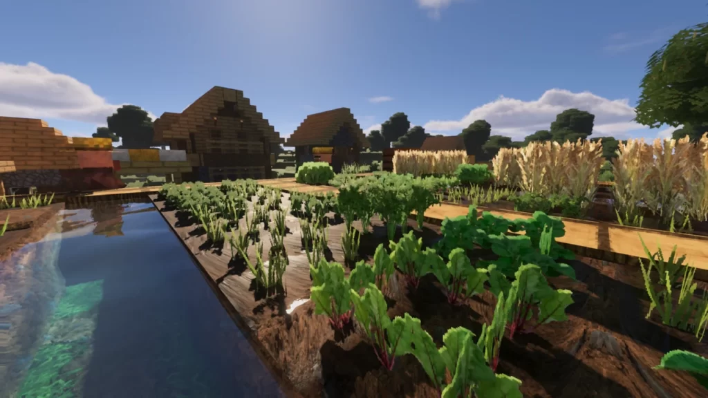 Terres agricoles dans le village de Minecraft avec Voyager Shaders