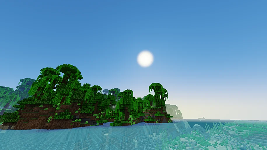 Minecraft ocean with Jungle biome in the background with YoFPS Shader