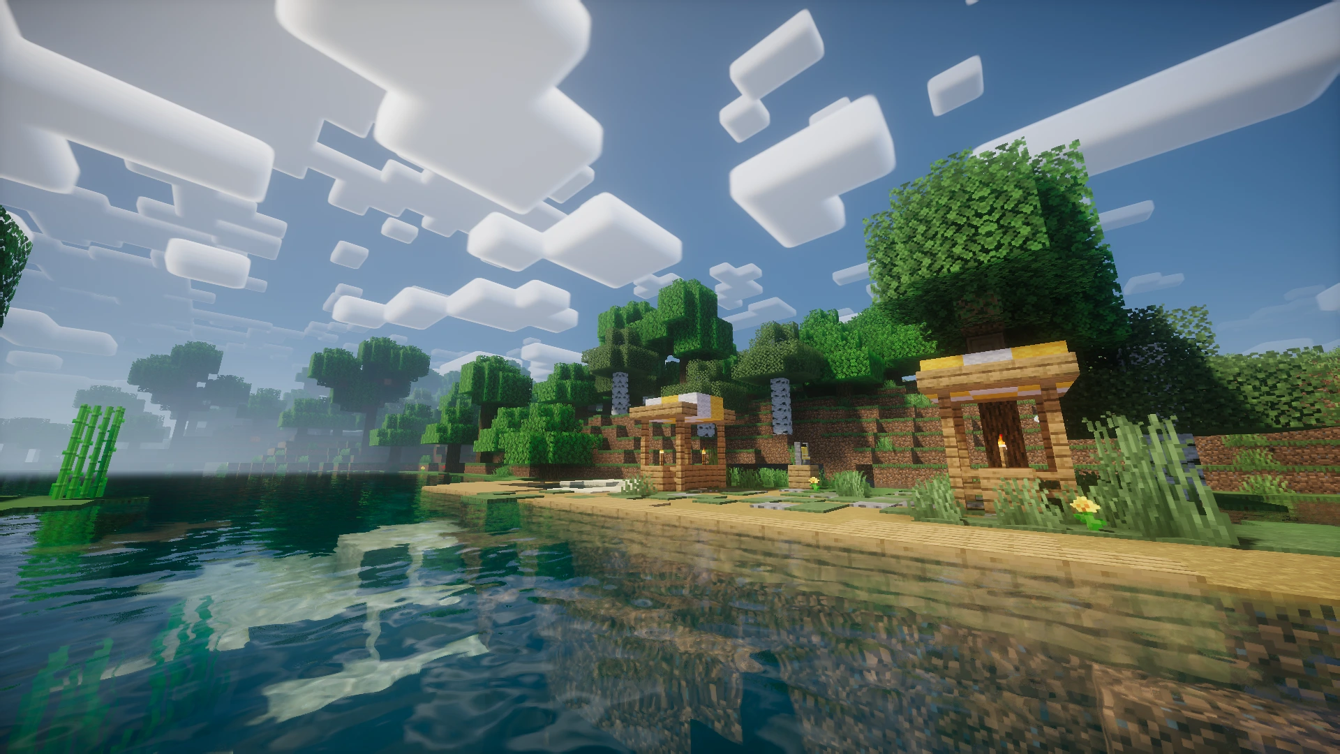 Minecraft village marketplace with Nostalgia Shader
