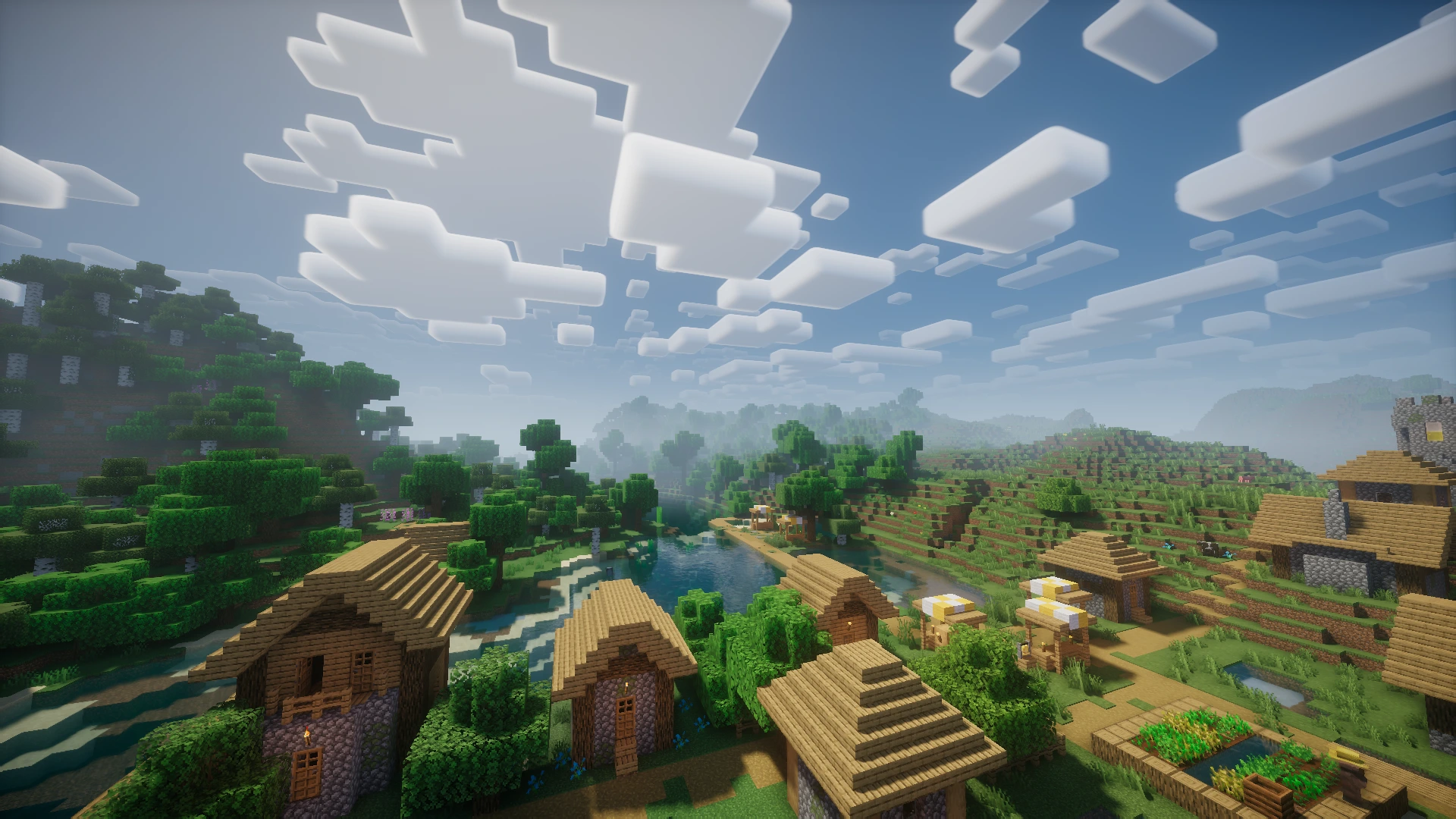 Bird's-eye of a Minecraft village with a lake and a forest in the background with Nostalgia Shader
