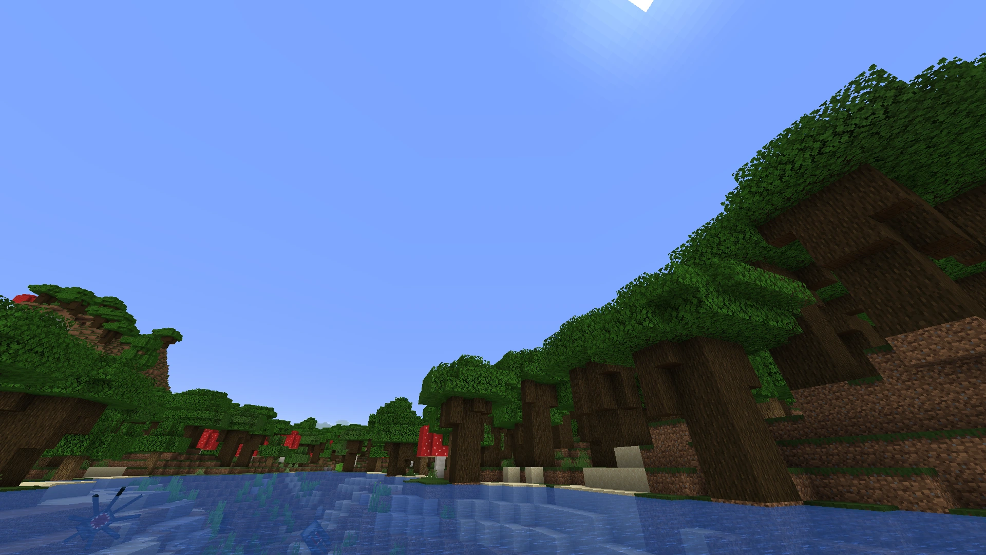 Dark oak forest in Minecraft near a river