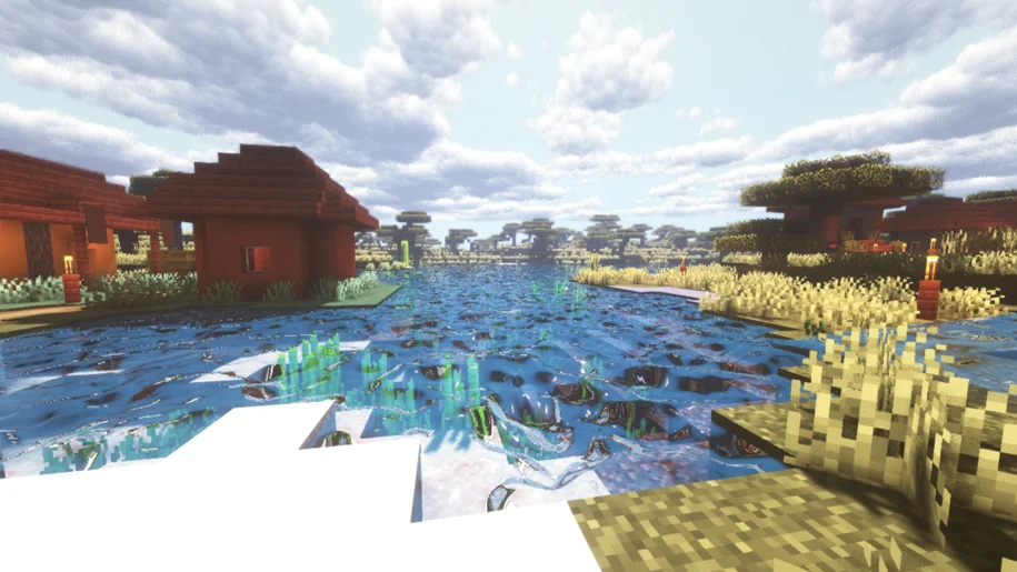 Village de savane Minecraft près d'une rivière avec Sunflawer Shaders