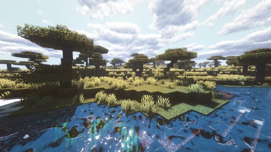 Minecraft savannah biome near a river with Sunflawer Shaders