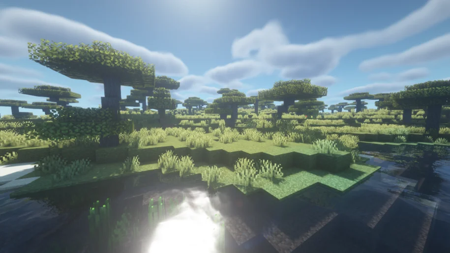 Minecraft savannah biome near a river with BSL Shaders