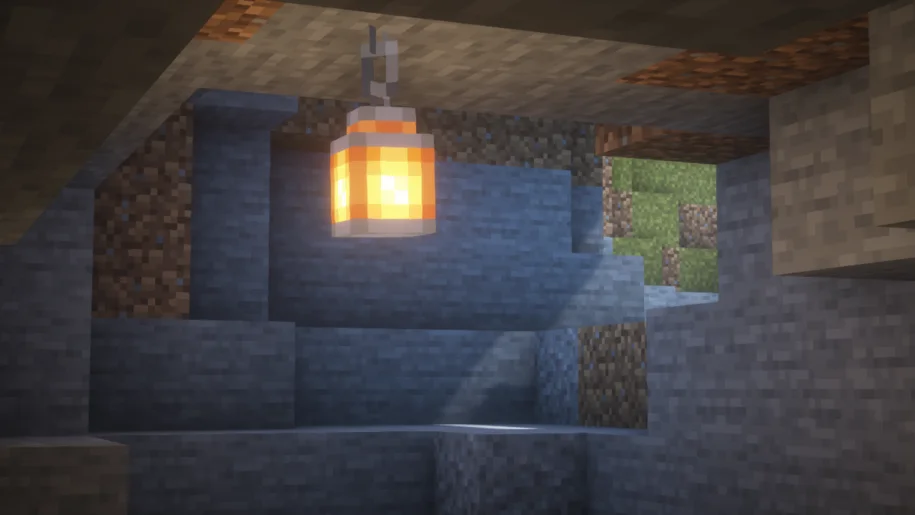 Minecraft cave with a lantern with BSL Shaders