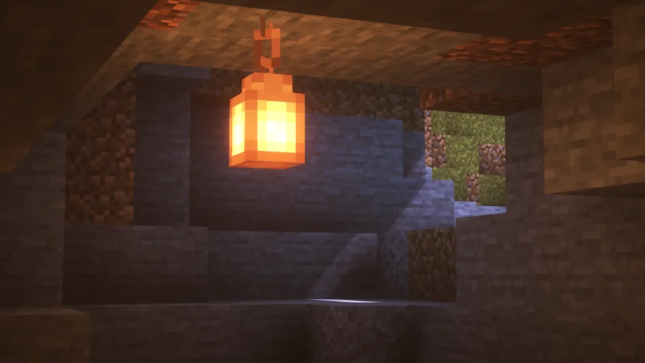Minecraft cave with a lantern with Sunflawer Shaders