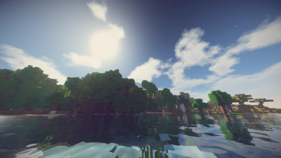 Minecraft river with a forest in the background with Arcane Shaders