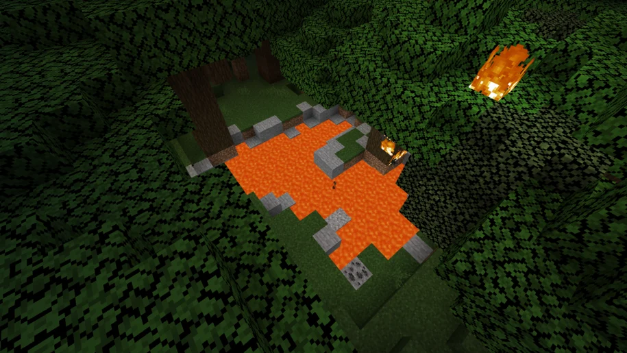 Minecraft lava pool in a dark oak forest