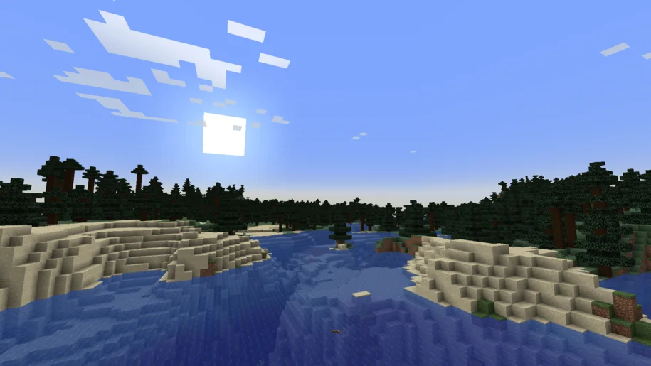 Minecraft lake with a spruce forest in the background