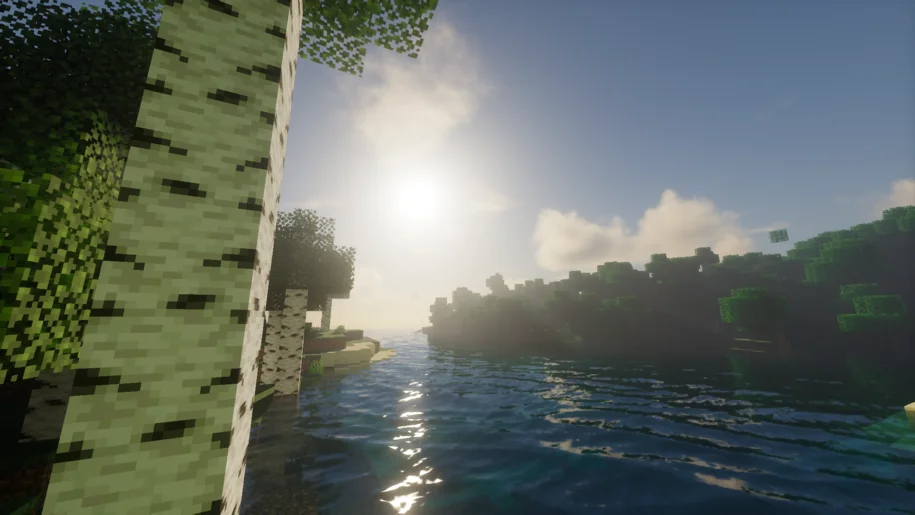 Sunrise over a lake in Minecraft with KappaPT Shaders