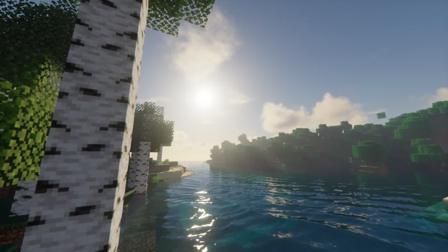 Sunrise over a lake in Minecraft with Kappa Shaders