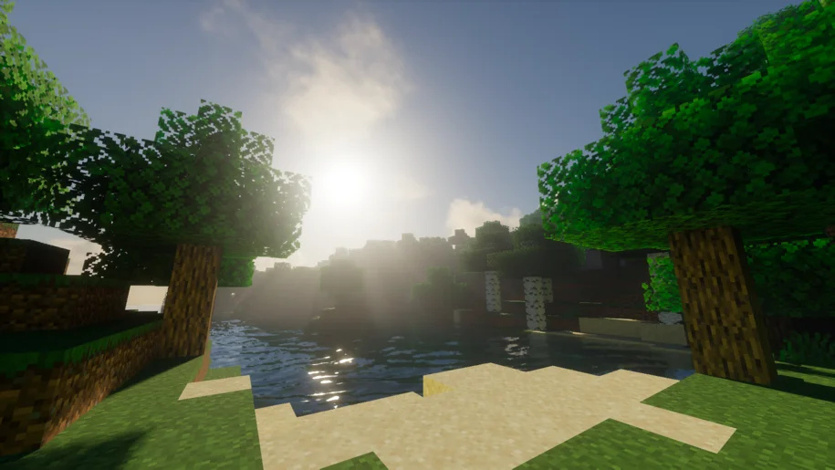 Beach in Minecraft surrounded by oak trees with KappaPT Shaders