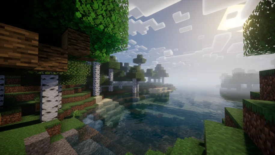 Minecraft lake with Nostalgia Shaders
