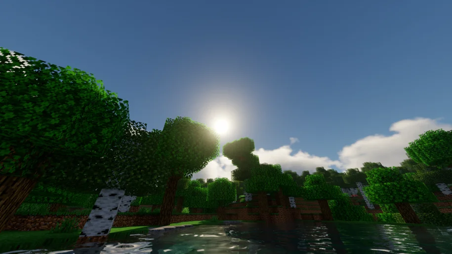 Sunrise over a lake near a forest in Minecraft with Chocapic V9 Ultra
