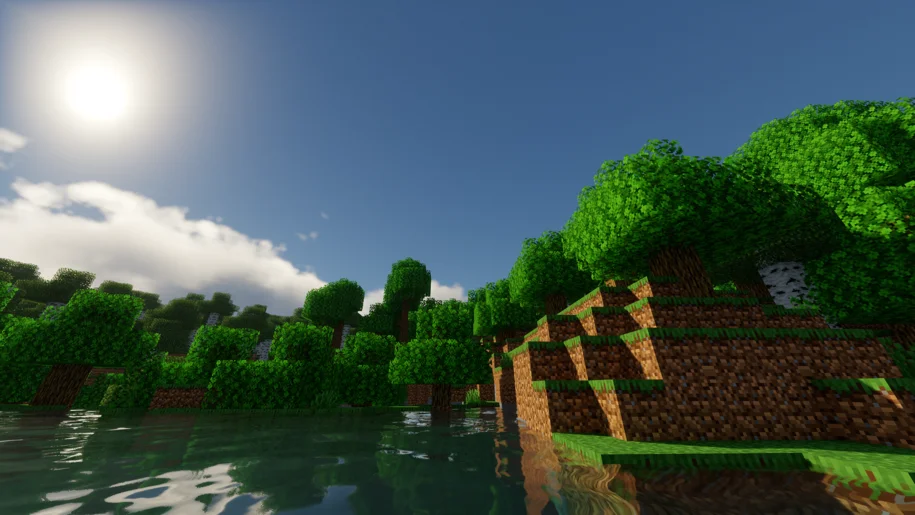 A lake near a forest in Minecraft with Chocapic V9 Ultra