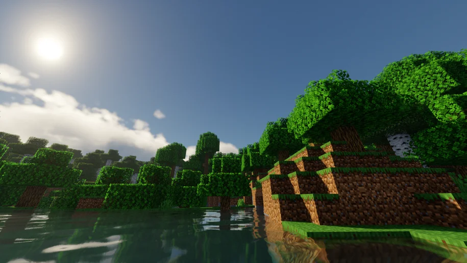 A lake near a forest in Minecraft with Chocapic V9 Low