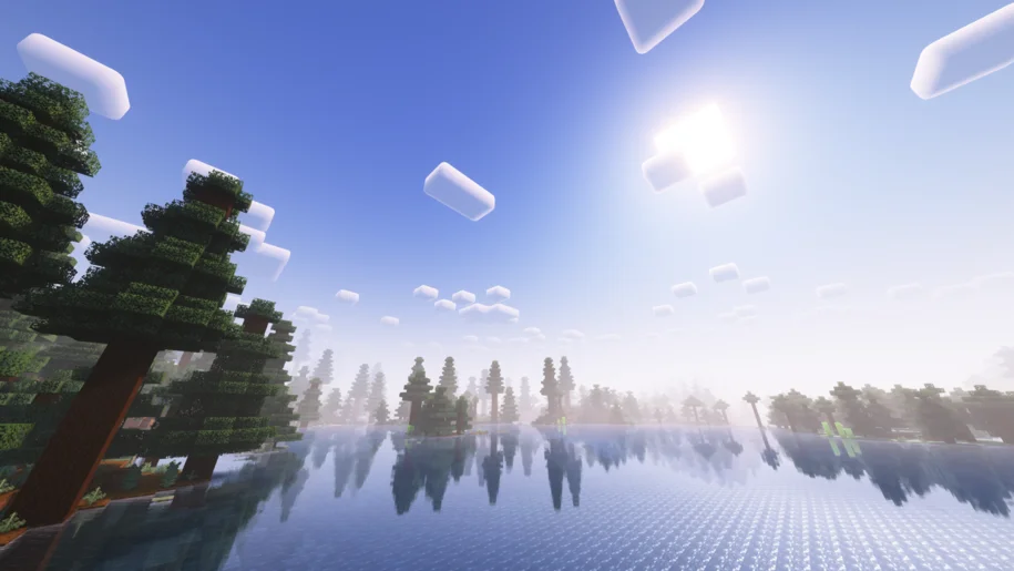 A lake near a spruce forest in Minecraft with Overimagined Shaders