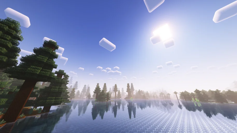 A lake near a spruce forest in Minecraft with Complementary Reimagined Shaders