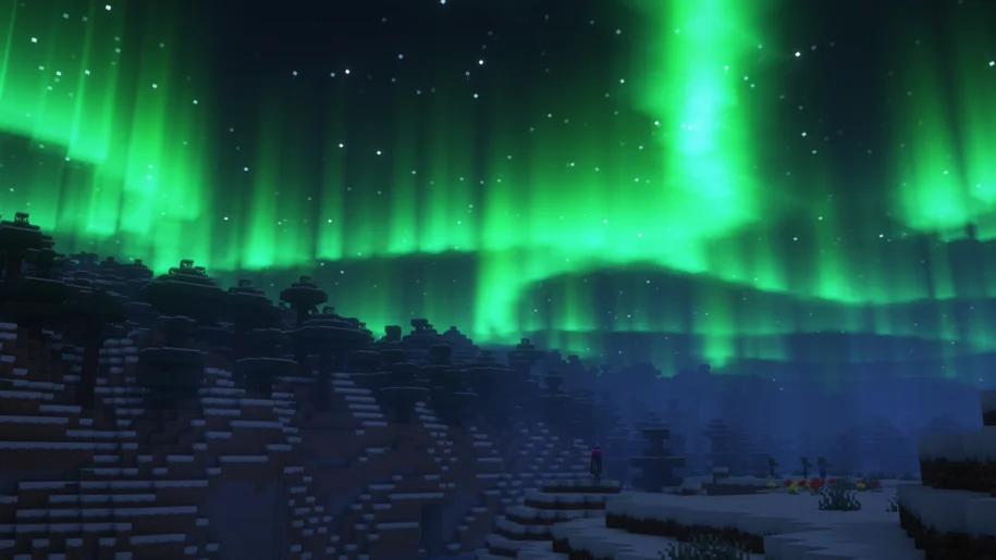 Aurora in the night sky in Minecraft with Overimagined Shaders