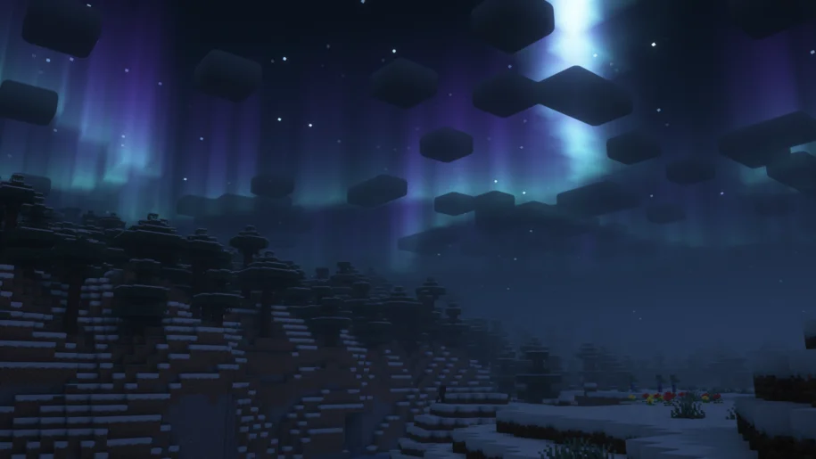 Aurore dans le ciel nocturne de Minecraft avec des shaders réinventés complémentaires
