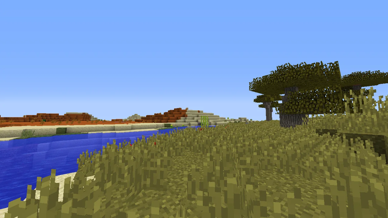 Minecraft river through a desert and savanna biome