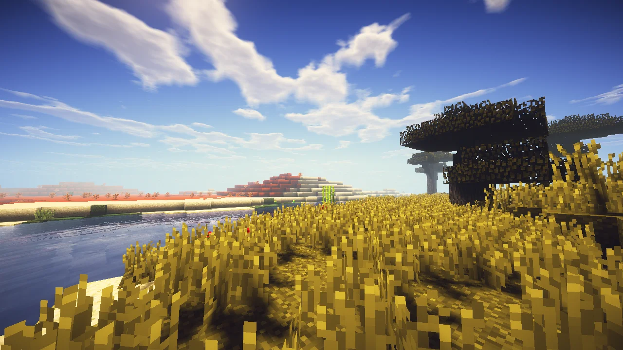 Minecraft river through a desert and savanna biome with Triliton Shaders