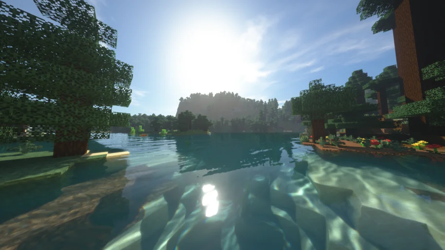 A lake in a spruce forest with SEUS Renewed shaders