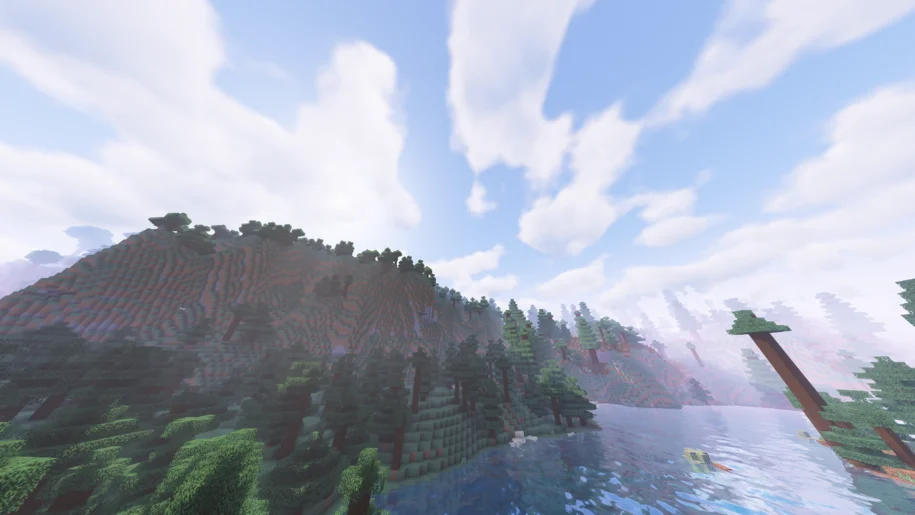 Des collines d'épinettes dans Minecraft près d'une rivière avec des shaders Solas