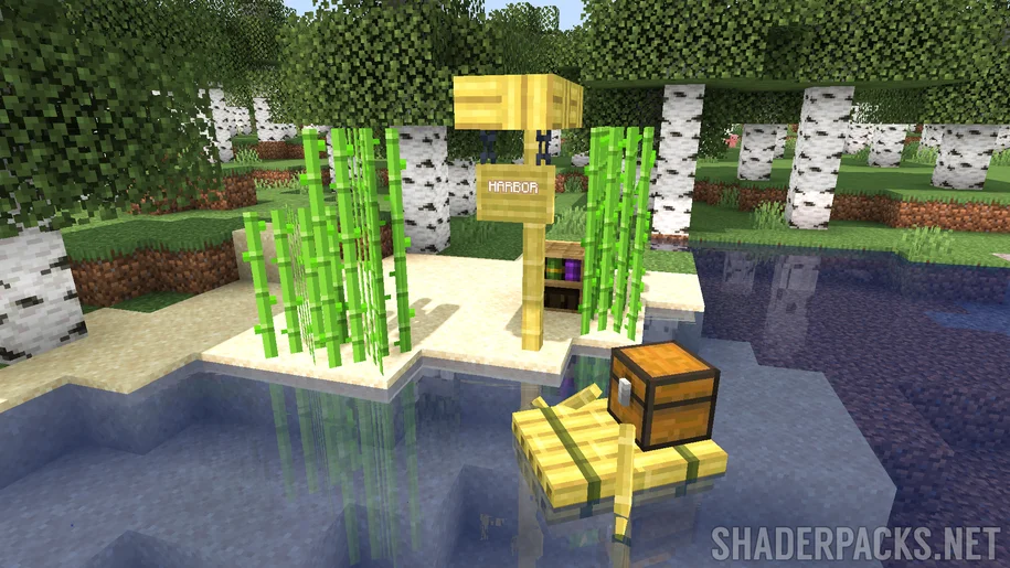 Un lit de rivière près d'une forêt de bouleaux dans Minecraft avec des shaders miniatures