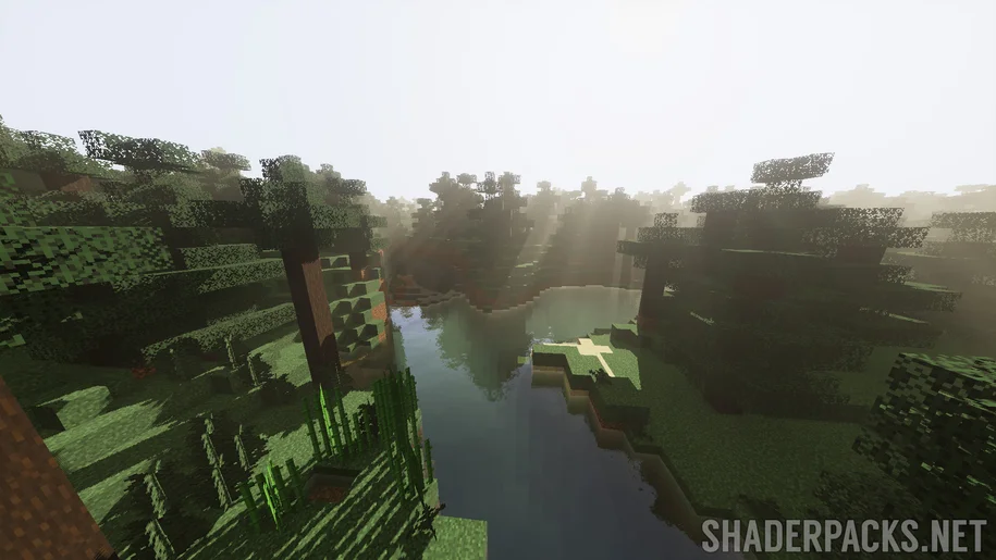 Arc Shaders over a taiga forest in Minecraft