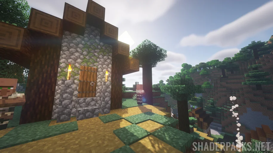 BSL Shaders in Minecraft during daytime in a taiga village