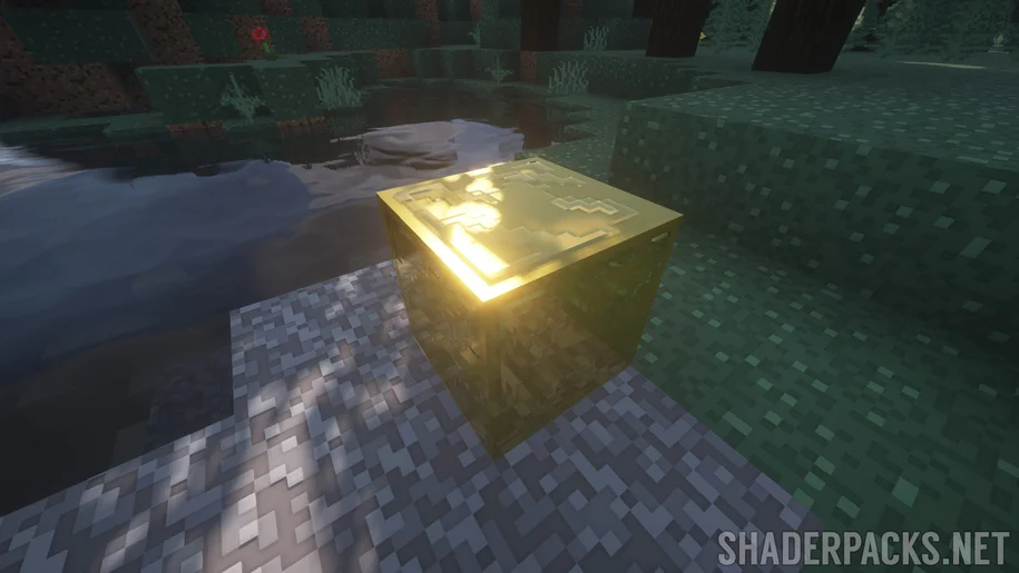 BSL Shaders with Simplista textures on a Minecraft gold block