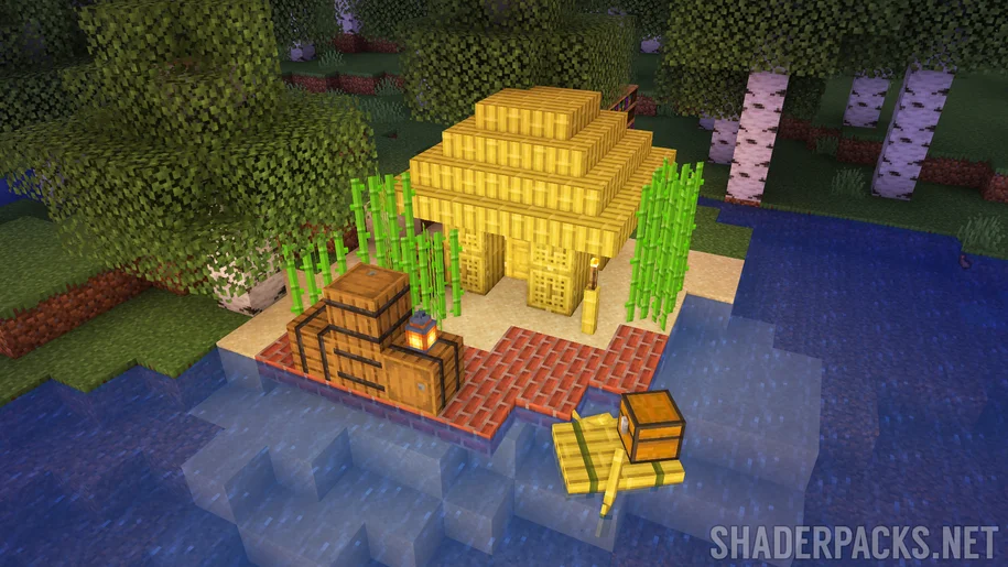 Bamboo hut near a river in Minecraft with Sildur's Basic Shaders