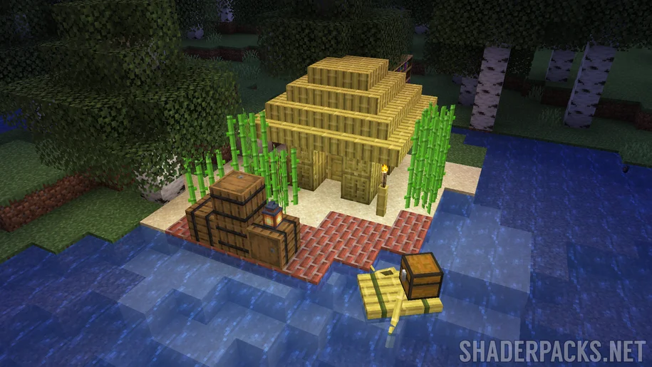 Bamboo hut near a river in Minecraft without shaders
