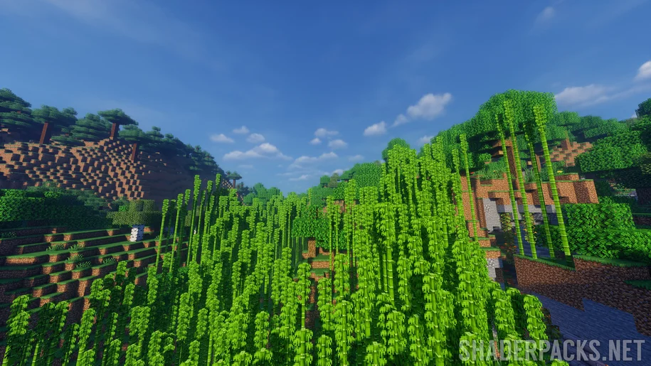 Bliss Shader in Minecraft over a bamboo forest