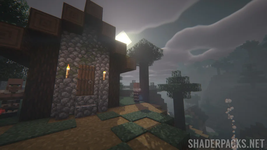 Insanity Shader in Minecraft during daytime in a taiga village