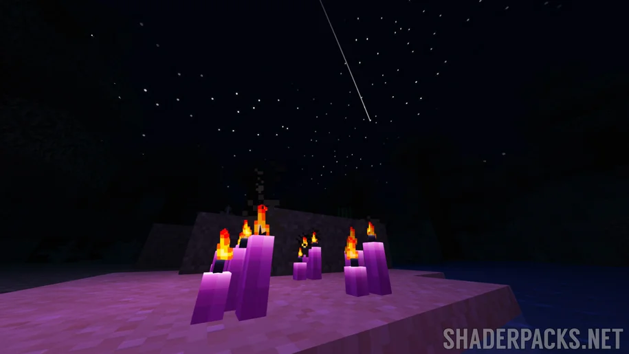 Shaders Stracciatella dans Minecraft avec éclairage coloré et étoiles filantes