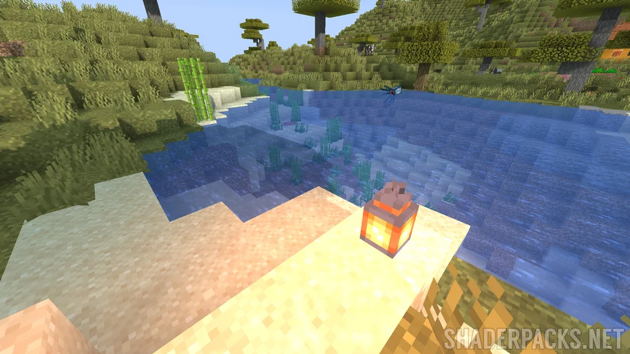 A lake near a savanna village in Minecraft with Stereo's Default+ Shaders