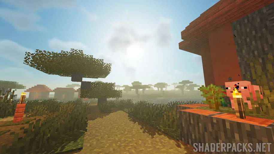 Un village de savane dans Minecraft avec Musk Rose Shaders