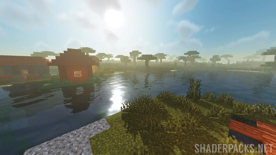 Minecraft savanna village near a river with Musk Rose Shaders