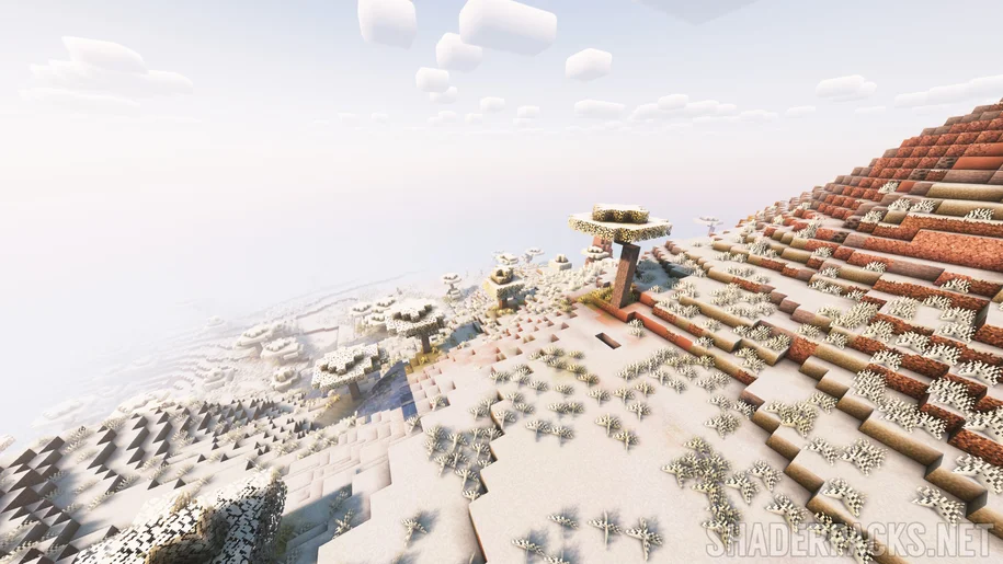 Un biome de savane recouvert d'une couche de neige dans Minecraft