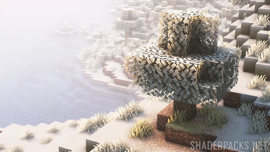 An oak tree covered in a layer of snow in Minecraft